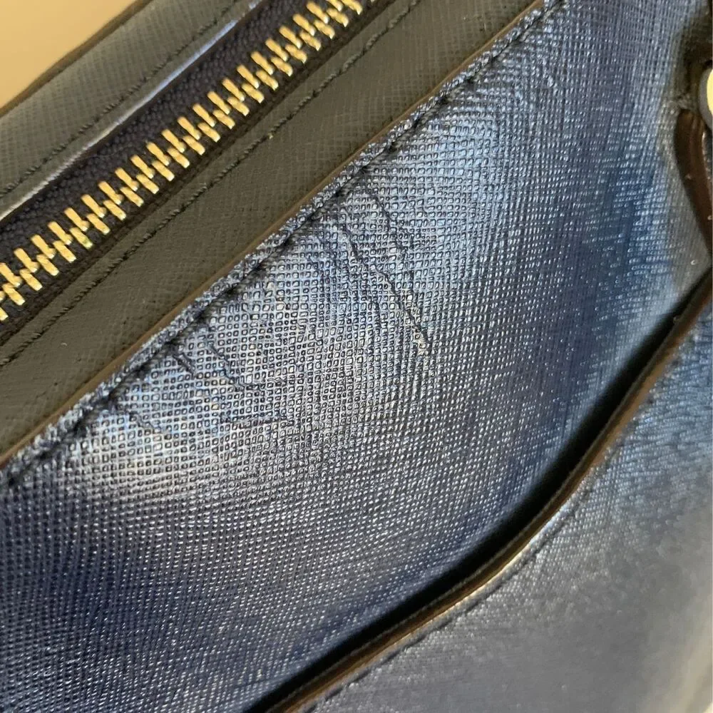 Michael Kors Navy Blue Saffiano Leather Satchel Crossbody Bag Double Top Handle